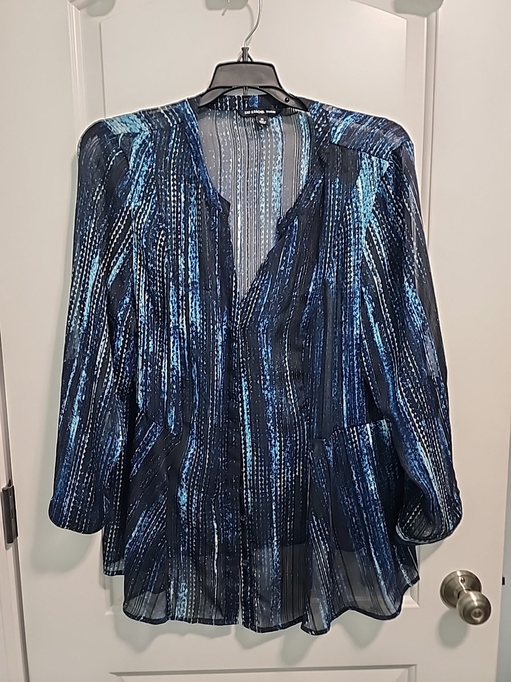 Zac & Rachel Navy and Light Blue Sheer Patterned Blouse 2x Shimmer Thread